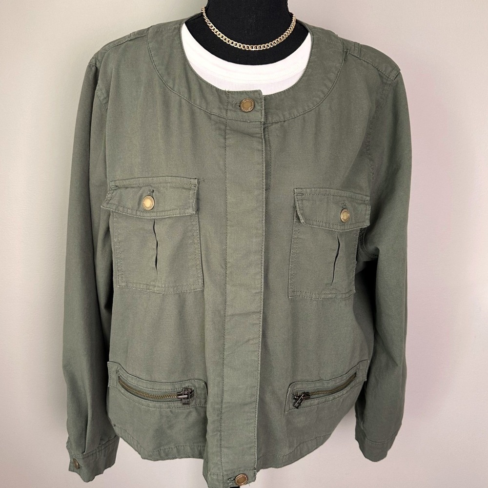 Denim & Co Jacket Womens 1X Olive Green Utility Pockets Lightweight Layer